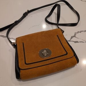 Mustard Suede Crossbody Bag with Black Accents